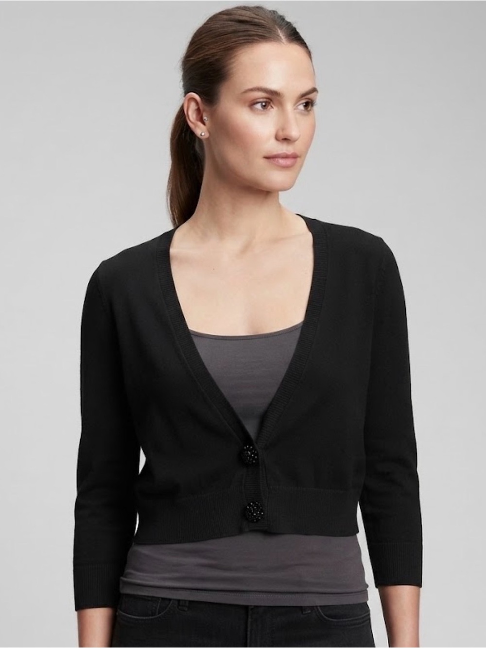 Ann Taylor Black 3/4 Sleeve Button-up Cropped Cardigan Sweater
